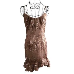 SAINTS & Secrets Rose Gold Sequin Mini Dress Spaghetti Straps Sz Medium Cocktail